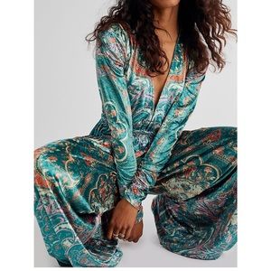 Free People Velvet Printed Turquoise Jumpsuit